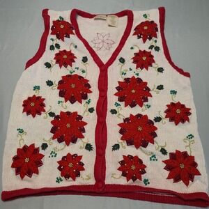 Bobbie Brooks Poinsettia Sweater Vest Women Large Tusk Red Beaded Floral BB3H262